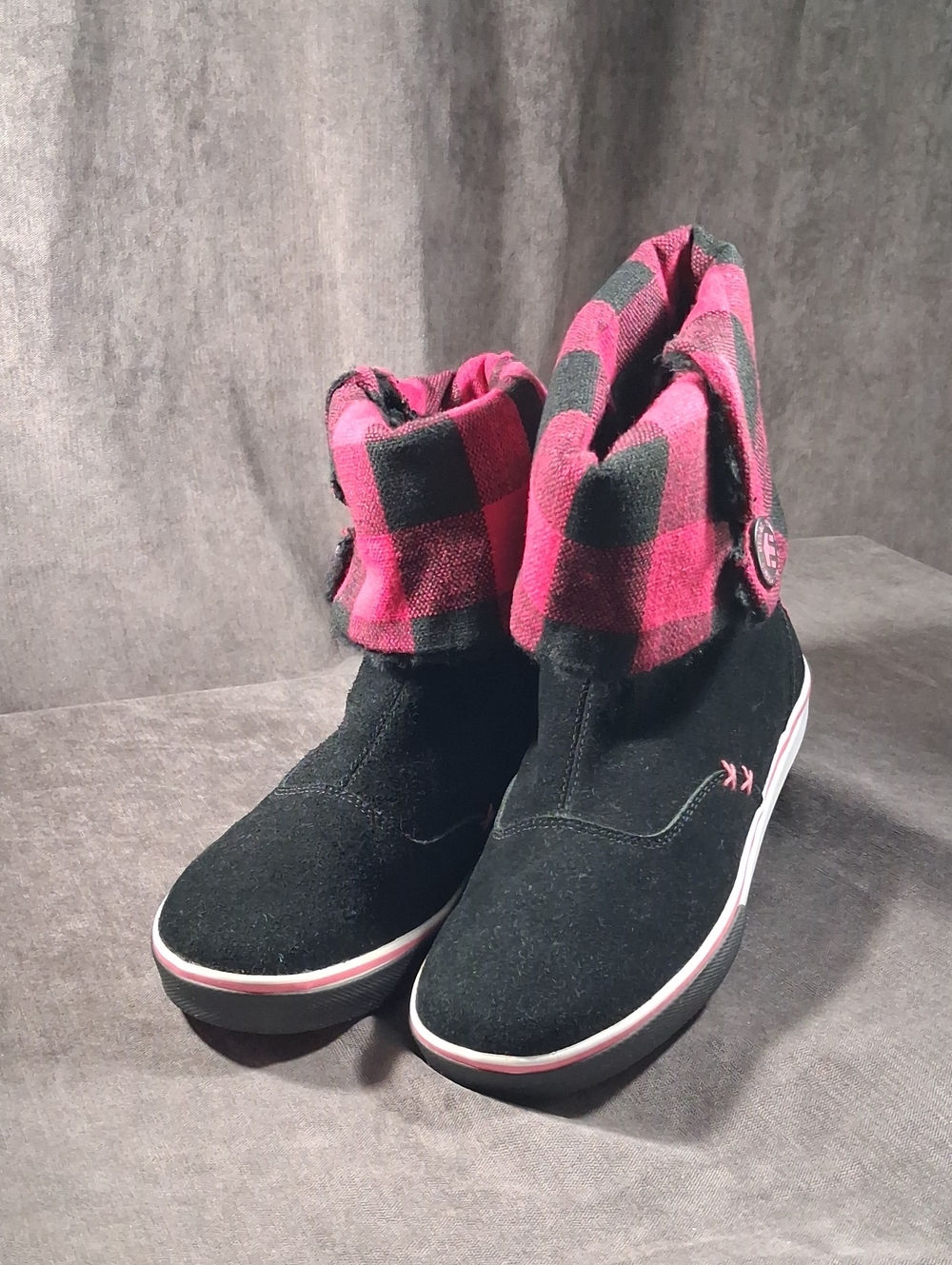 Etnies Black Suede Magenta Black Checkerboard Canvas Fold Sneaker Boots VG- US 7